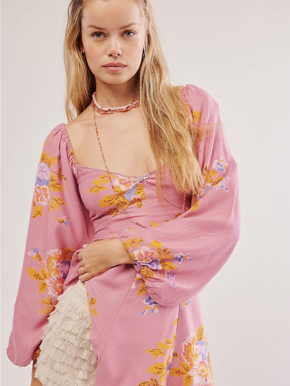 Free People Francesca Mini Dress L Pink Floral Balloon Sleeve NWOT